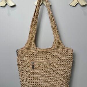 The Sak Hand Crochet Two Strap Three Section Shoulder Bag in Beige